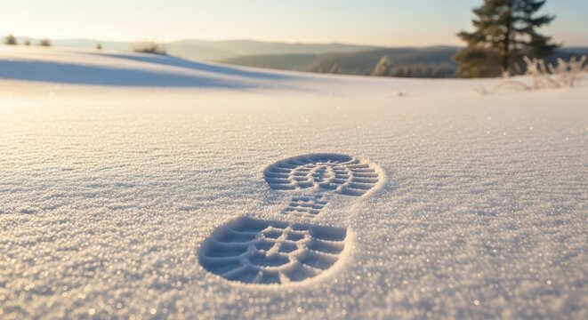 Close-up of a single boot print imprinted in sparkling fresh snow during a golden hour winter landscape