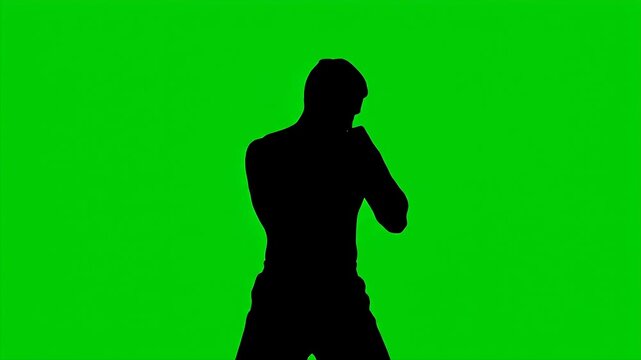 Boxer silhouette strikes a defensive pose against a bright green screen background for compositing.
