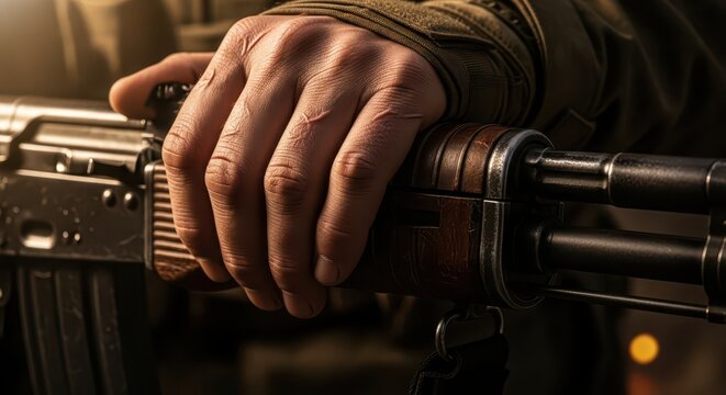 Close-up of a soldier's hand gripping a rifle, conveying themes of conflict, defense, and military action.