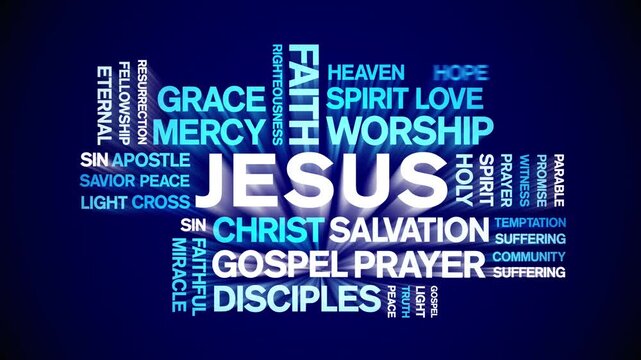 JESUS animated word cloud-text design animation tag kinetic typography seamless loop.
