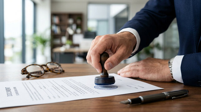 Man's Hand Stamping Document with Seal, Official Approval, Business Signature