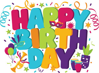 Fototapeta premium Playful happy birthday typography with party decorations including balloons masks confetti trumpets and streamers in bright colors.