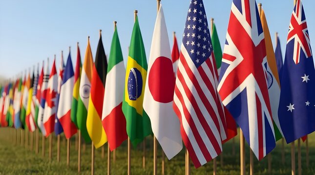 World flags arranged in row symbolizing global unity