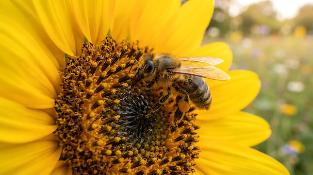 Honey bee collecting pollen from bright yellow sunflower.