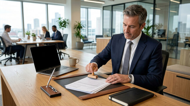 Professional man stamping documents in modern office with colleagues working in background