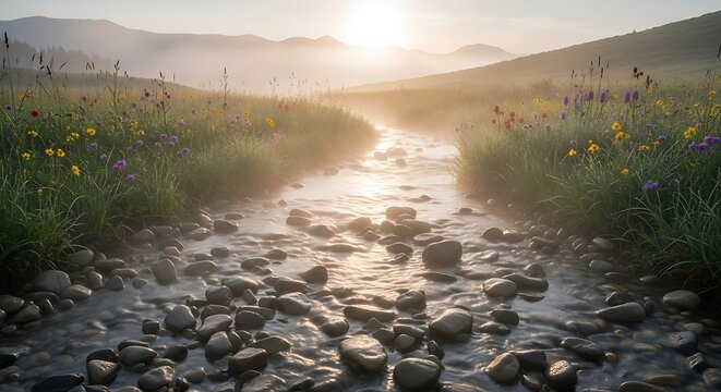 Golden sunrise over rocky river stream nature scene.