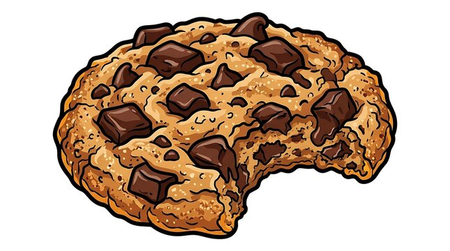 Delicious freshly baked golden brown chocolate chip cookie with a missing bite illustrated in a cartoon style on white background
