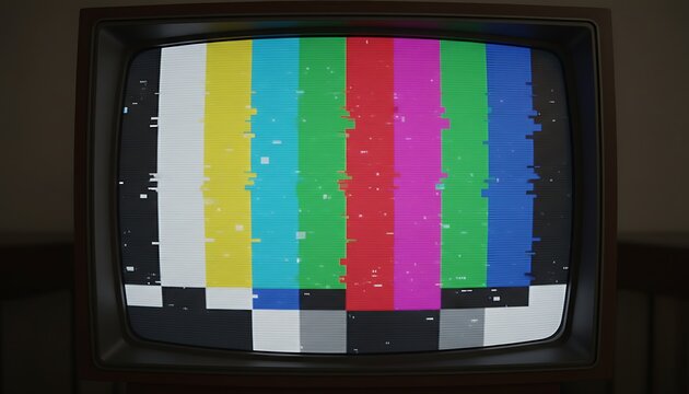 Vintage television screen, distorted colorful test pattern, static and noise, retro TV set, symbolizing outdated technology and signal interference