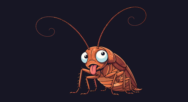 Funny cartoon cockroach character with big eyes and its tongue sticking out stands against a dark background in a playful style.