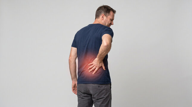 Middle aged man holding lower back with glowing red pain spot on gray background