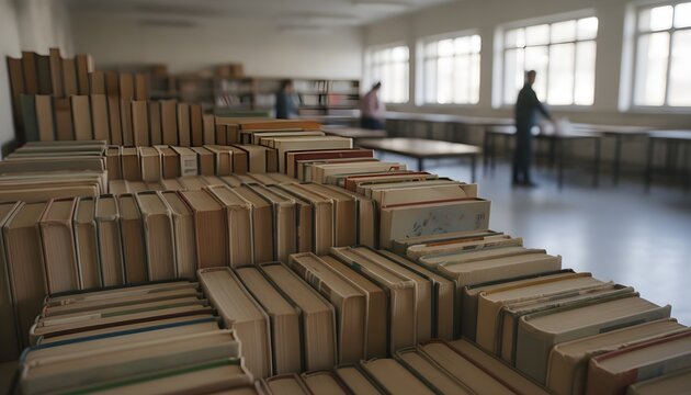 Donated textbooks stacked for relief education program