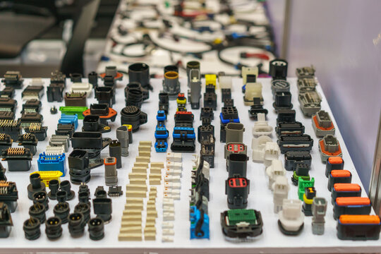 Assorted Electrical Connectors and Wire Harness Terminals on Display