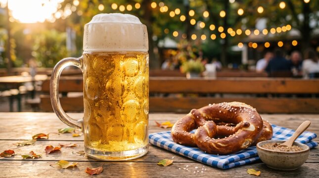 Beer stein and pretzel on checkered napkin in a warmly lit beer garden