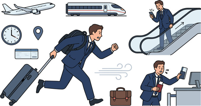 Vector illustration set of stressed businessman late for flight running with suitcase passport check in at airport counter