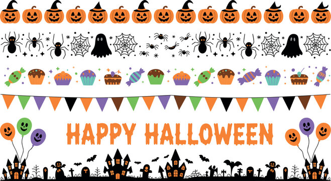 Set of Halloween decorative borders with pumpkins spiders ghost candy bunting balloons and haunted house silhouettes for party design