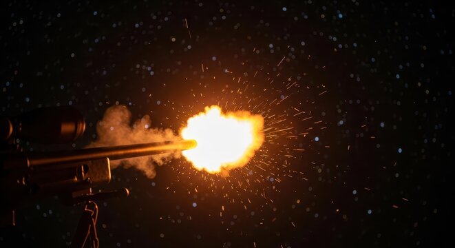 Sniper rifle muzzle flash exploding with bright light and smoke against a starry night sky, symbolizing action and power.