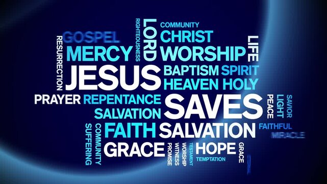 Jesus Saves animated word cloud-text design animation tag kinetic typography seamless loop.
