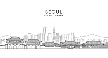 Obraz premium Seoul skyline outline drawing, traditional palaces and modern skyscrapers, South Korea