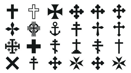 Fototapeta premium Collection of black christian cross icons and religious symbols isolated on white background, perfect for religious graphic design, church branding materials and easter publication elements