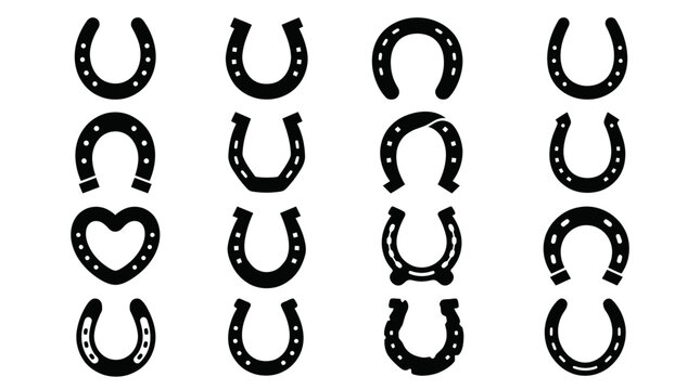 Set of various black horseshoe icon silhouettes on white background, perfect for logo design, western theme illustrations and lucky charm branding