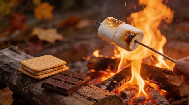Toasted marshmallow s'mores on skewers over a crackling campfire with graham crackers and chocolate, autumn camping scene