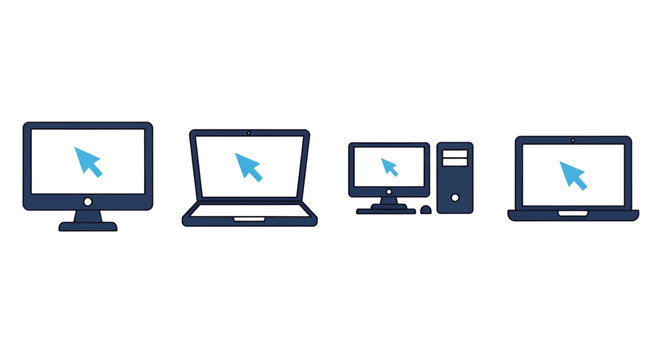 Row of four computer monitors showing screens, symbolizing technology and digital workspaces.