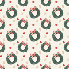 Obraz premium Cute Christmas seamless pattern. Festive winter background featuring sketchy Christmas trees, wreaths, snowflakes, and red ribbons on a cream backdrop. Vector illustration.