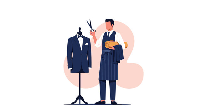 Male tailor in a pinstriped apron holds scissors and fabric while standing next to a classic navy blue suit on a mannequin.