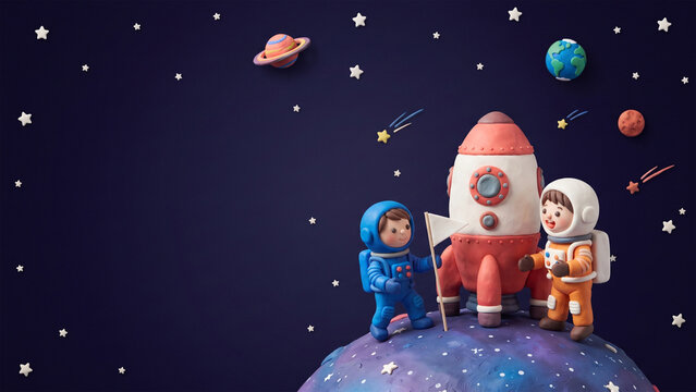handmade clay astronauts and rocket exploring space with planets and stars