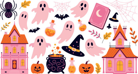 Halloween vector graphic set featuring cute pink ghosts, haunted houses, magic potions, witch hats, and spooky festive elements. © Hena