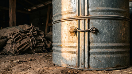 Fototapeta premium Galvanized Tin Grain Storage Drum with Latch Hook on Village Clay Floor Bed