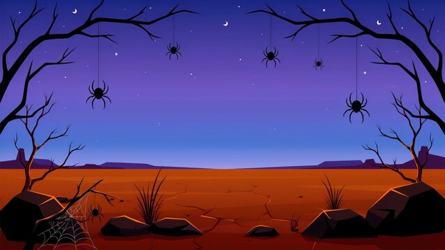 Spooky halloween landscape with hanging spiders