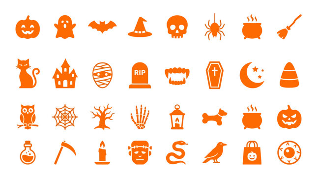 Collection of orange Halloween icons featuring classic spooky elements, symbols, and creepy holiday decorations for design projects
