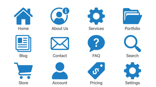 Website menu icons set for user interface navigation web design blue symbols