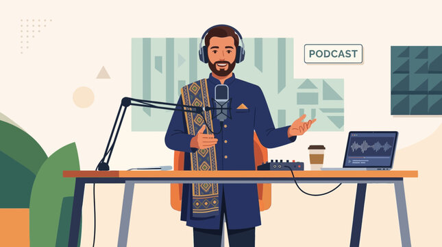 Indian man in traditional attire hosting a podcast in a recording studio illustration