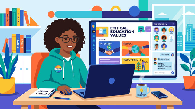 Young Black Woman Studying Ethical Education Values Online with Laptop and Interactive E-learning Dashboard Vector Illustration
