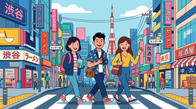 Happy young friends exploring the vibrant city streets of Tokyo Japan with famous landmarks and neon signs in a modern flat illustration