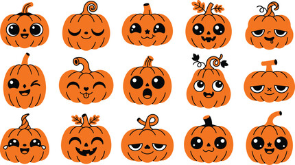 Fototapeta premium Set of cute cartoon pumpkins with various funny facial expressions for halloween holiday decorations and festive design elements
