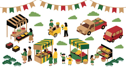 Fototapeta premium Isometric market with people shopping for fresh produce and vendors selling organic food.
