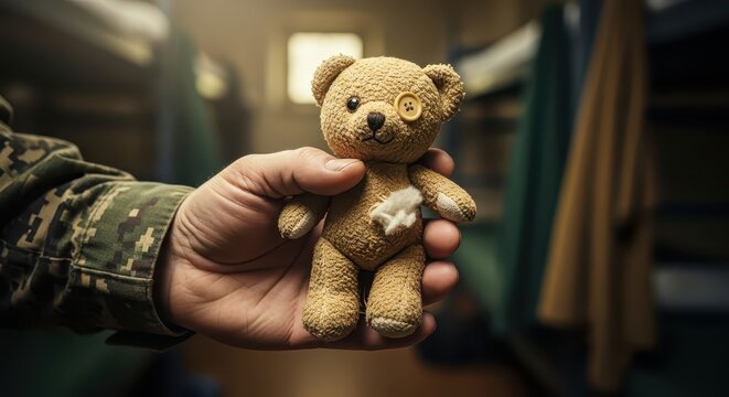 Soldier's Hand Holding Worn Teddy Bear, Symbol of Comfort and Innocence in Conflict Zone