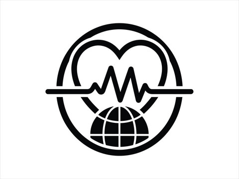 Minimalist black and white vector icon design representing world heart day featuring a globe and a heartbeat pulse line inside a circular frame symbol