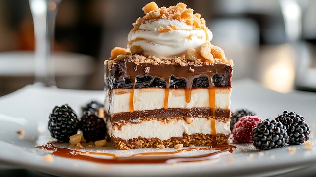 Layered Chocolate and Caramel Dessert with Fresh Berries on White Plate