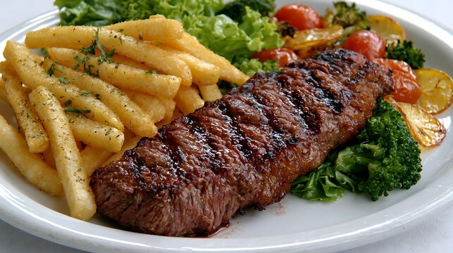 Grilled Steak with Crispy French Fries and Fresh Vegetables on White Plate