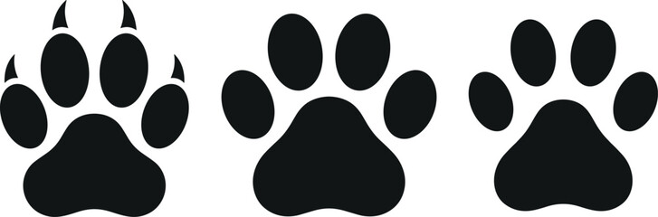 Animal paw print vector silhouette icon set featuring monster claws dog footprint cat paw marks isolated on white © MstAirin