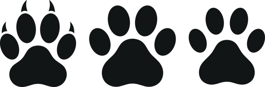 Animal paw print vector silhouette icon set featuring monster claws dog footprint cat paw marks isolated on white