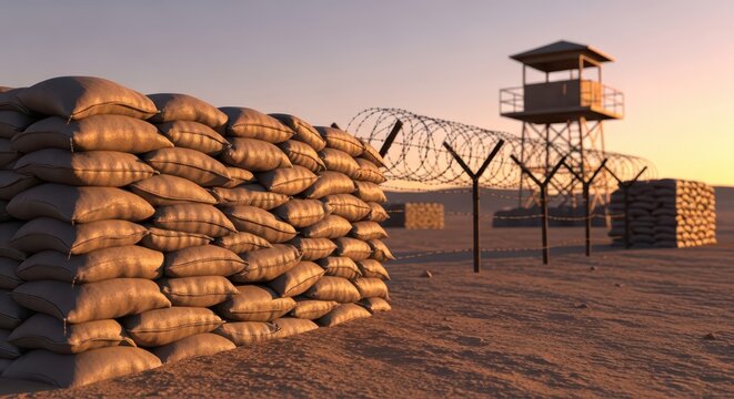 Desert military outpost with sandbag fortifications, barbed wire, and a guard tower at sunset