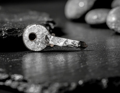 conceptual image of an antique iron key gradually transforming into transparent quartz crystals on a dark volcanic surface