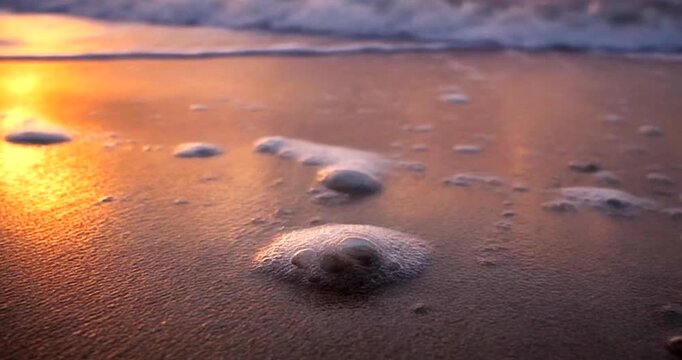 Ocean wave foam receding over wet sand at sunset golden hour close up.