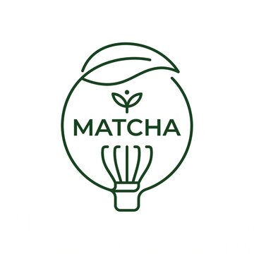 Continuous line art vector logo featuring a tea leaf frame, a bamboo whisk (chasen) silhouette, and the word MATCHA centered on a clean white background.