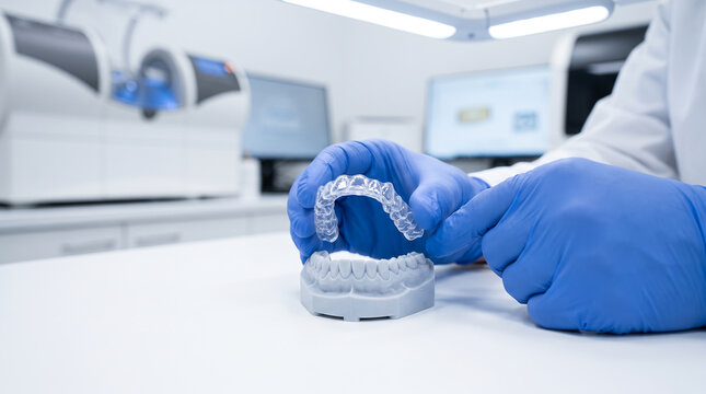 Dental clear aligner, transparent orthodontic retainer and model, hands placing plastic appliance, clean dental laboratory, dentistry technology